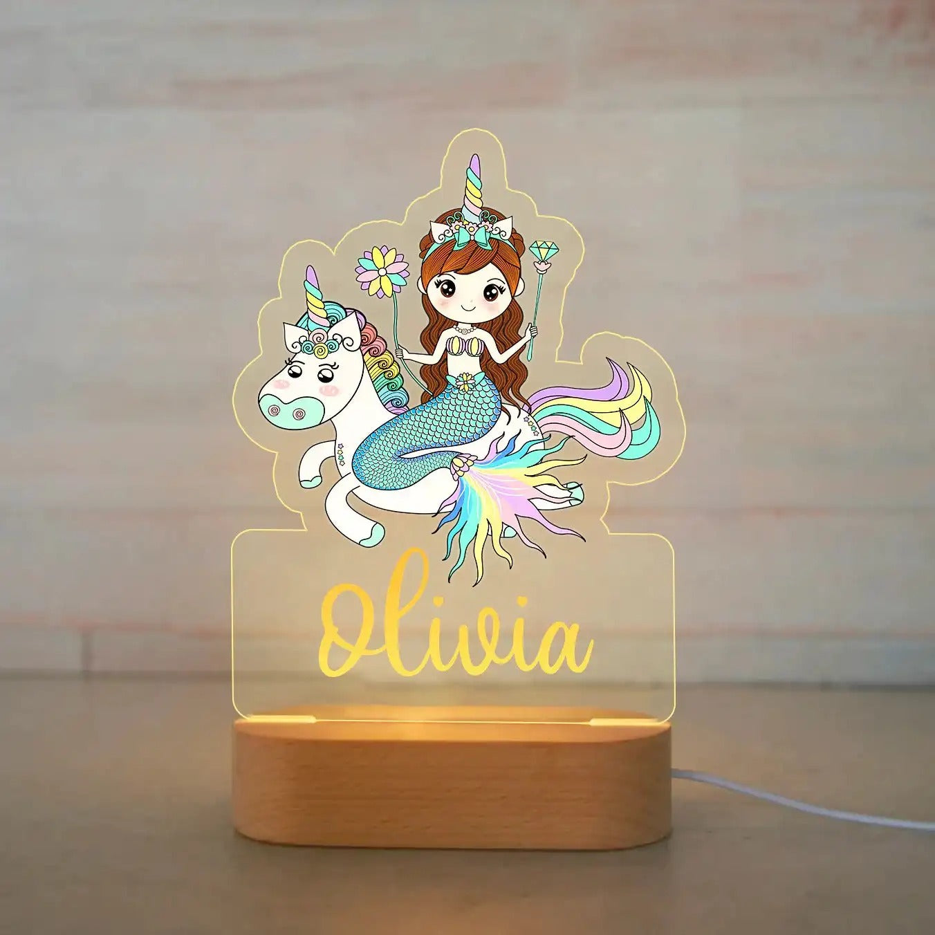 Veilleuse licorne personnalisée avec prénom – Lampe LED en bois, motif sirène sur une licorne, parfaite pour une chambre d’enfant et un cadeau personnalisé.