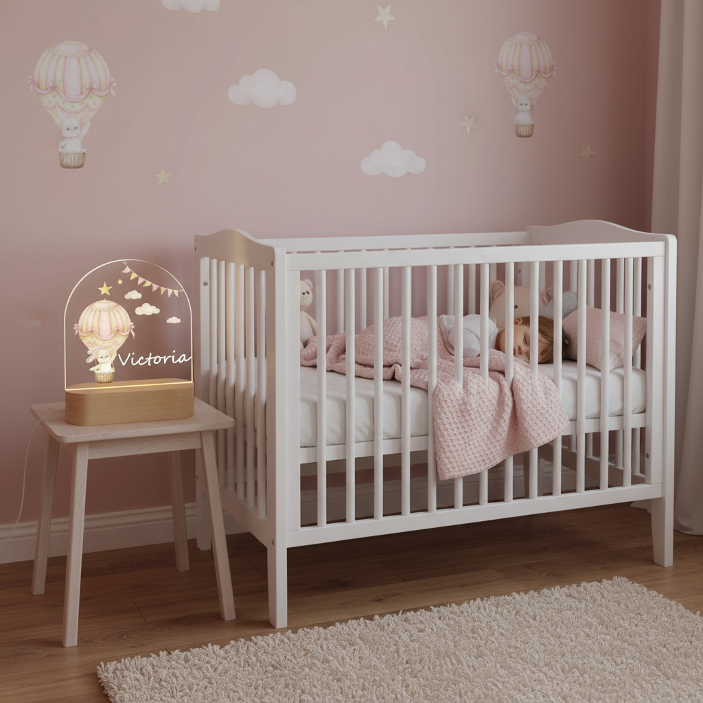 Veilleuse personnalisée posée près d’un lit bébé dans une chambre rose à thème montgolfière