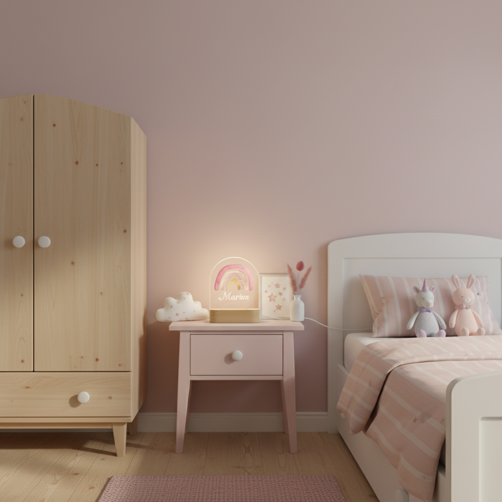 Veilleuse prénom enfant posée sur table de chevet