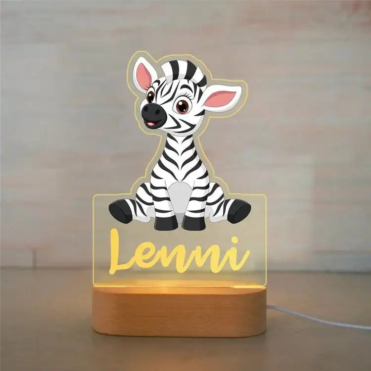 Veilleuse zèbre personnalisée avec prénom, éclairage LED sécurisé, idéale pour une décoration chambre bébé et un cadeau de naissance original.