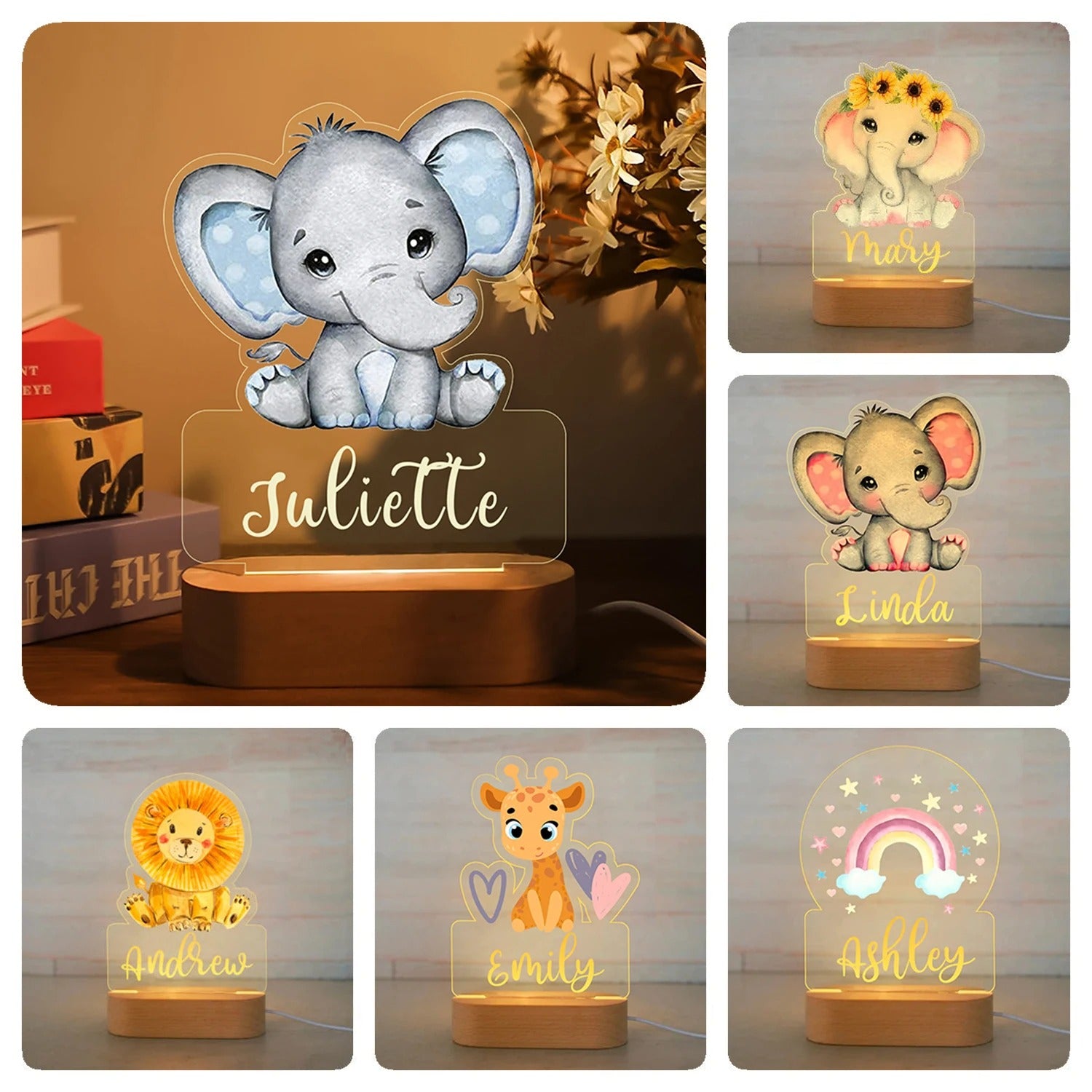 Veilleuse éléphant personnalisée. Lampe LED douce et sécurisée, idéale pour une déco chambre bébé ou comme cadeau de naissance unique et original.