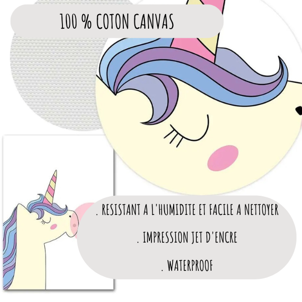 Zoom sur la texture toile coton canvas d’une affiche licorne pour enfant.