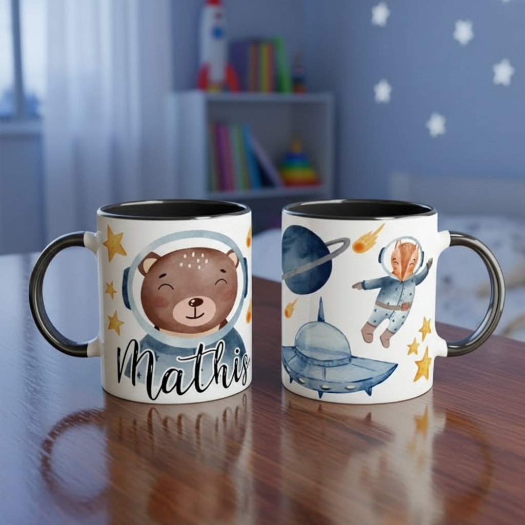 Mug personnalisé avec illustration d'ourson astronaute et fusée, intérieur noir, idéal pour un cadeau enfant sur le thème de l'espace et de l'aventure.