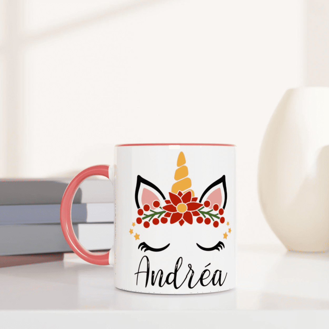 Mug licorne floral de Noël personnalisé avec prénom