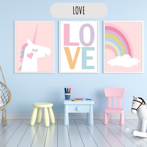 Déco chambre fille licorne et arc-en-ciel - Tableau enfant pastel