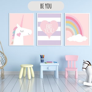 Déco chambre fille licorne et arc-en-ciel - Tableau enfant pastel