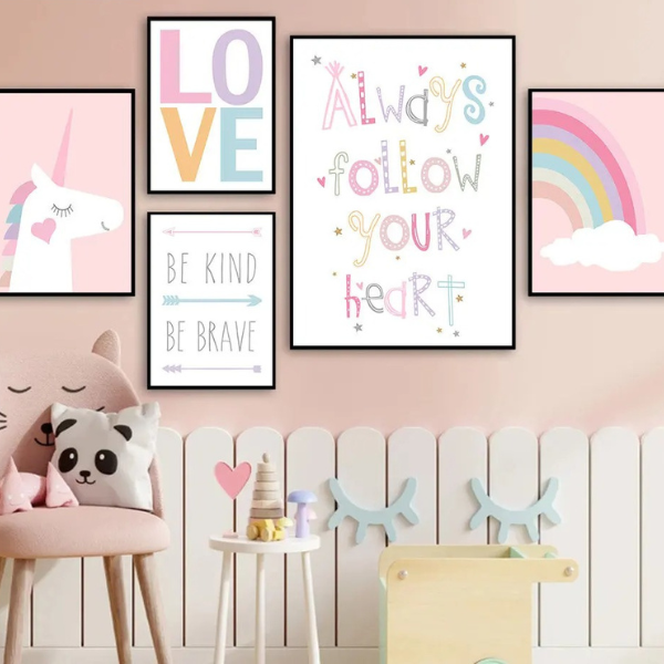 Déco chambre fille licorne et arc-en-ciel - Tableau enfant pastel