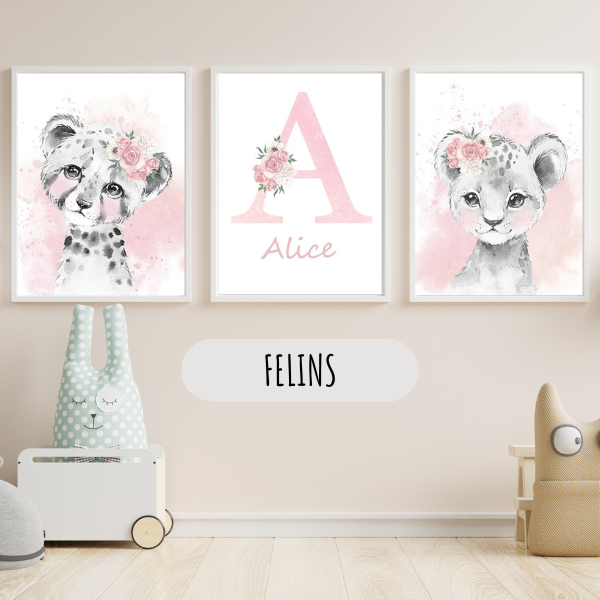 Affiche Animaux Roses Personnalisée - Déco Chambre Bébé Fille