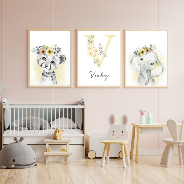 Affiche Lion & Éléphant pastel personnalisée – Déco chambre bébé