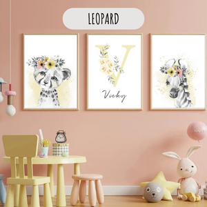 Affiche Lion & Éléphant pastel personnalisée – Déco chambre bébé