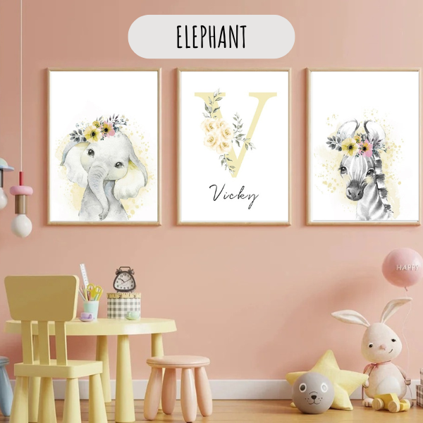 Affiche Lion & Éléphant pastel personnalisée – Déco chambre bébé