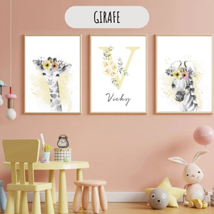 Affiche Lion & Éléphant pastel personnalisée – Déco chambre bébé