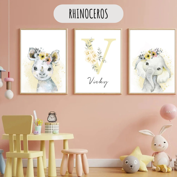 Affiche Lion & Éléphant pastel personnalisée – Déco chambre bébé