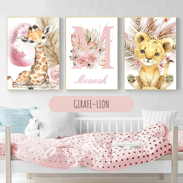 Affiches personnalisées – Thème Safari et Floral pour chambre fille