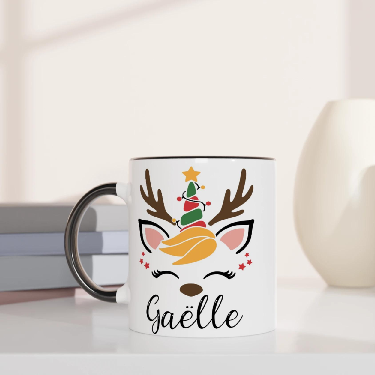 Mug Personnalisé Rennes de Noël avec Prénom – Cadeau Festif Unique