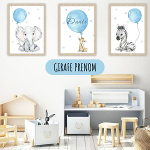 Affiches personnalisées avec animaux et ballons pour chambre bébé