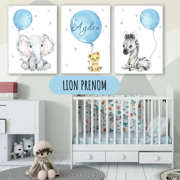 Affiches personnalisées avec animaux et ballons pour chambre bébé