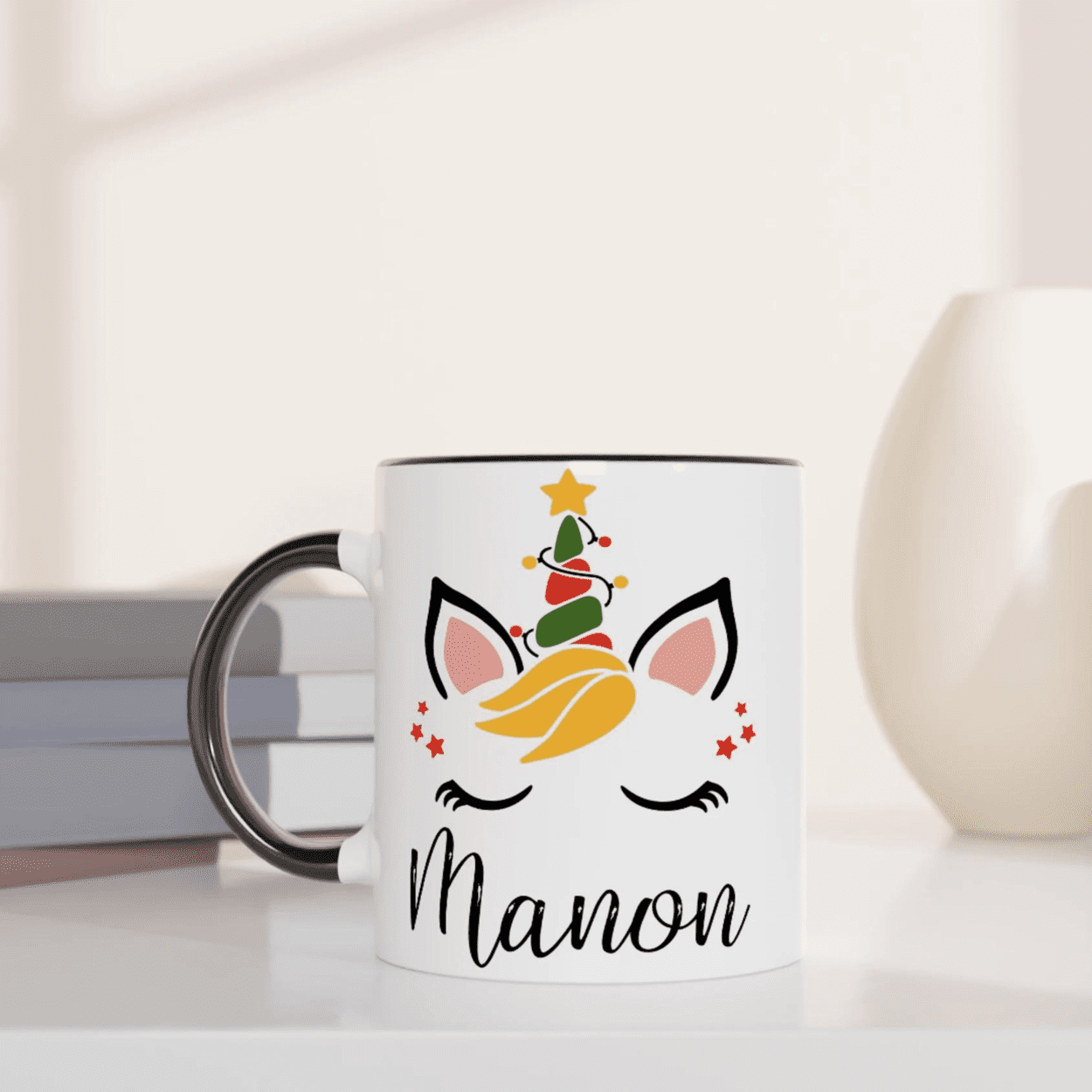 Mug de Noël personnalisé licorne avec prénom - Cadeau unique pour les fêtes