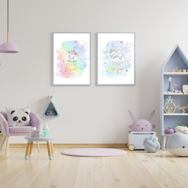 Affiches personnalisées éléphant – Déco arc-en-ciel chambre enfant