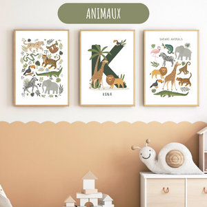 Affiches Educatives à Personnaliser Animaux Safari pour Chambre Enfant