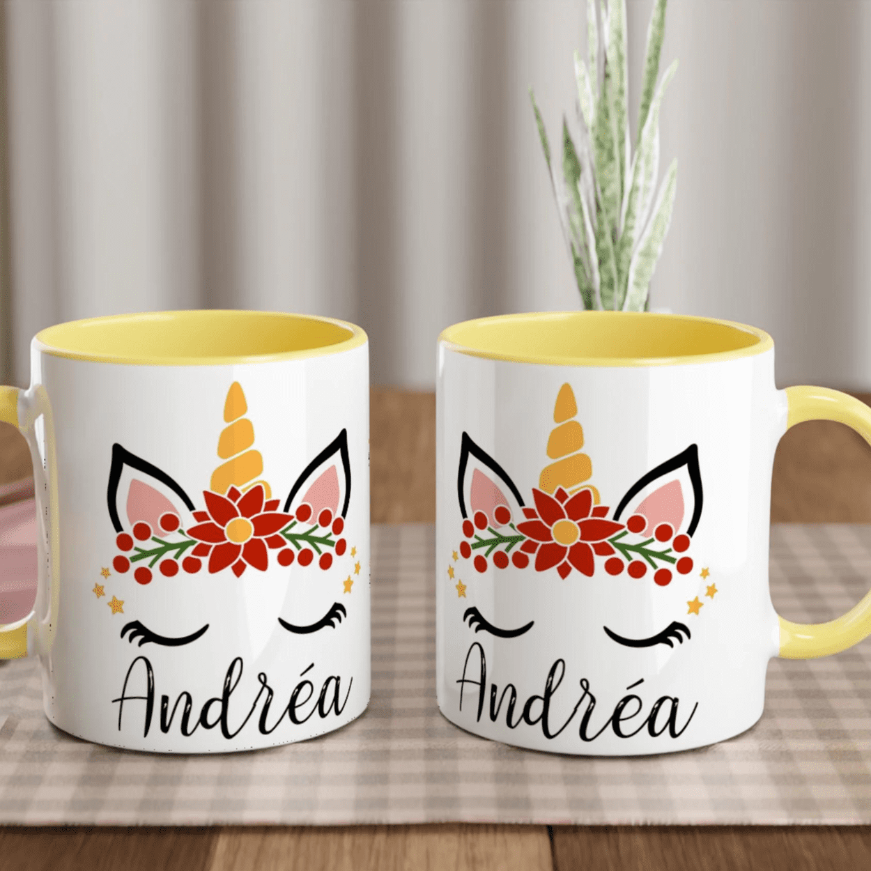 Mug licorne floral de Noël personnalisé avec prénom