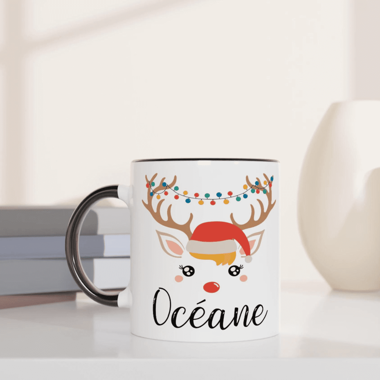 Mug de Noël Renne Lumineux avec Prénom – Cadeau Personnalisé Festif