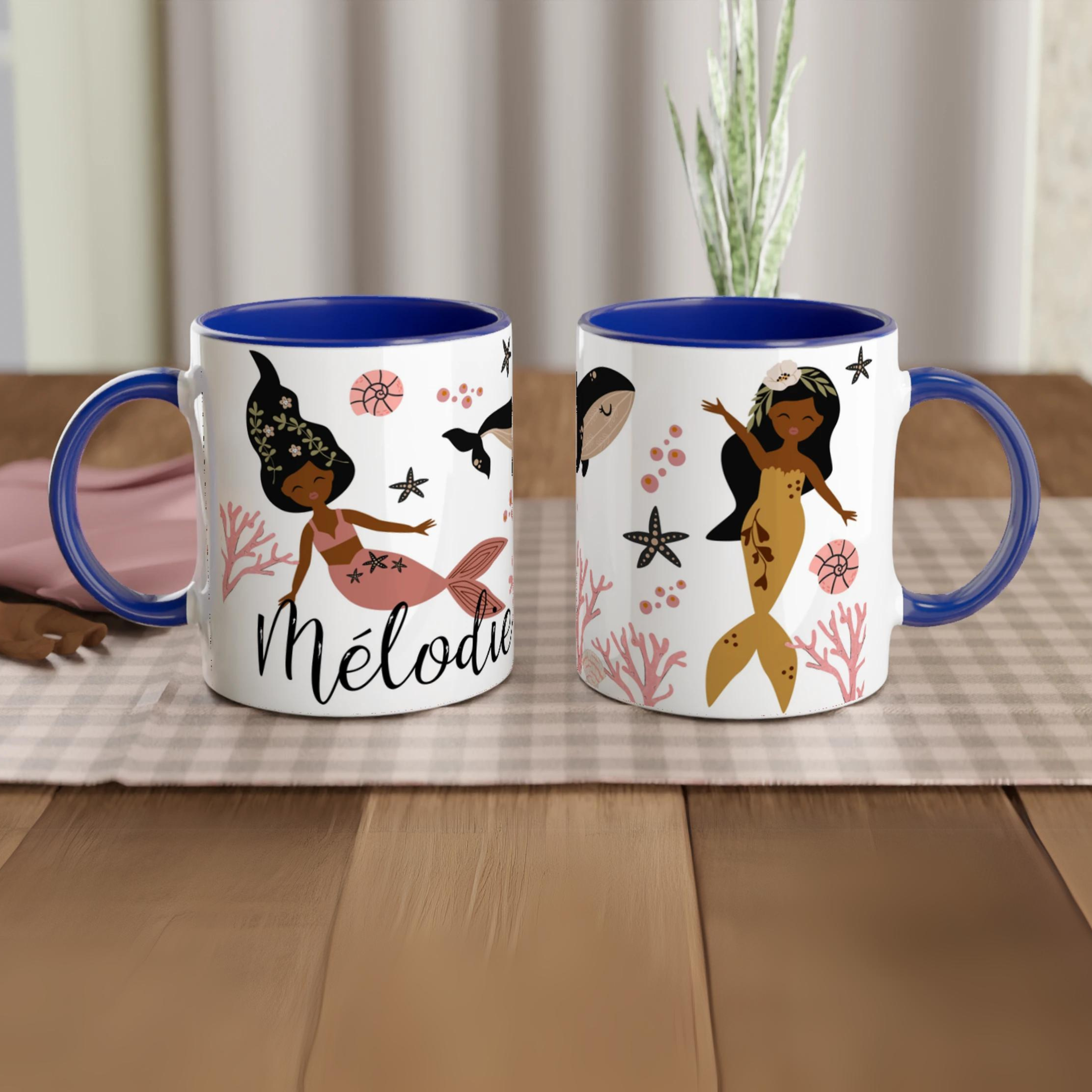 Mug personnalisé sirène - Modèle Mélo en rose pastel et noir