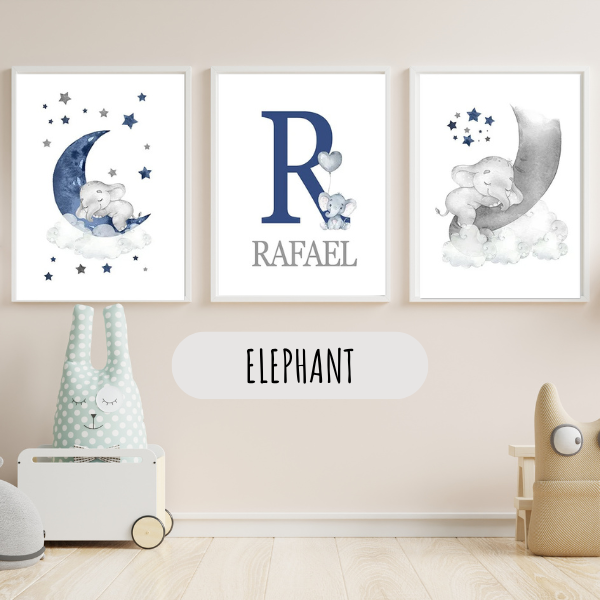 Affiches Naissance Élégance Éléphanteau – Déco Bébé 🐘🌙✨