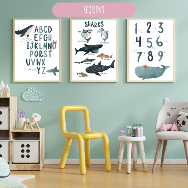 Affiches éducatives océan – Alphabet et animaux marins en anglais