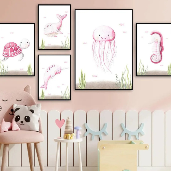 Déco chambre bébé fille tendre - Affiches animaux marins roses