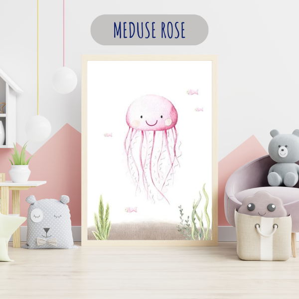 Déco chambre bébé fille tendre - Affiches animaux marins roses