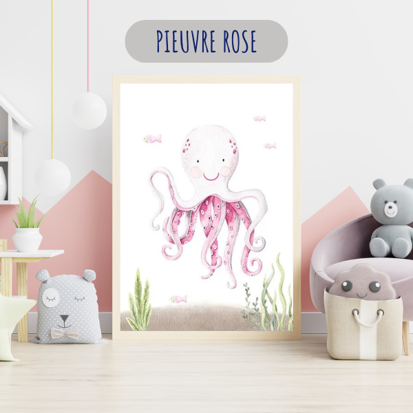 Déco chambre bébé fille tendre - Affiches animaux marins roses