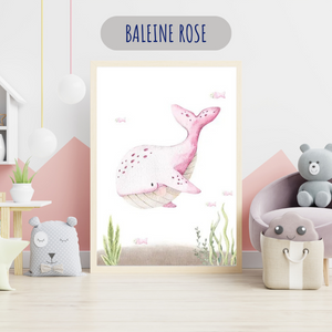 Déco chambre bébé fille tendre - Affiches animaux marins roses