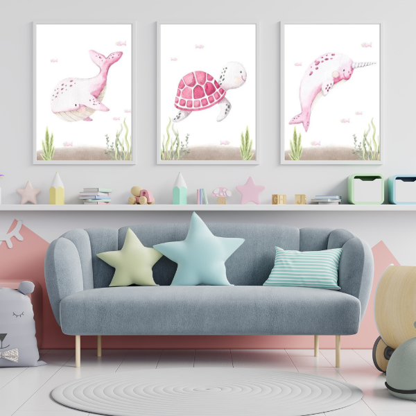 Déco chambre bébé fille tendre - Affiches animaux marins roses