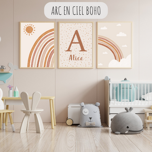 Affiche boho soleil et arc-en-ciel personnalisée – Déco chambre enfant