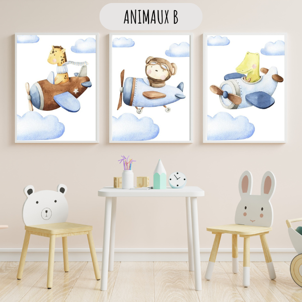 Affiches garçon 🧸✈️ – Animaux & avions pour déco chambre