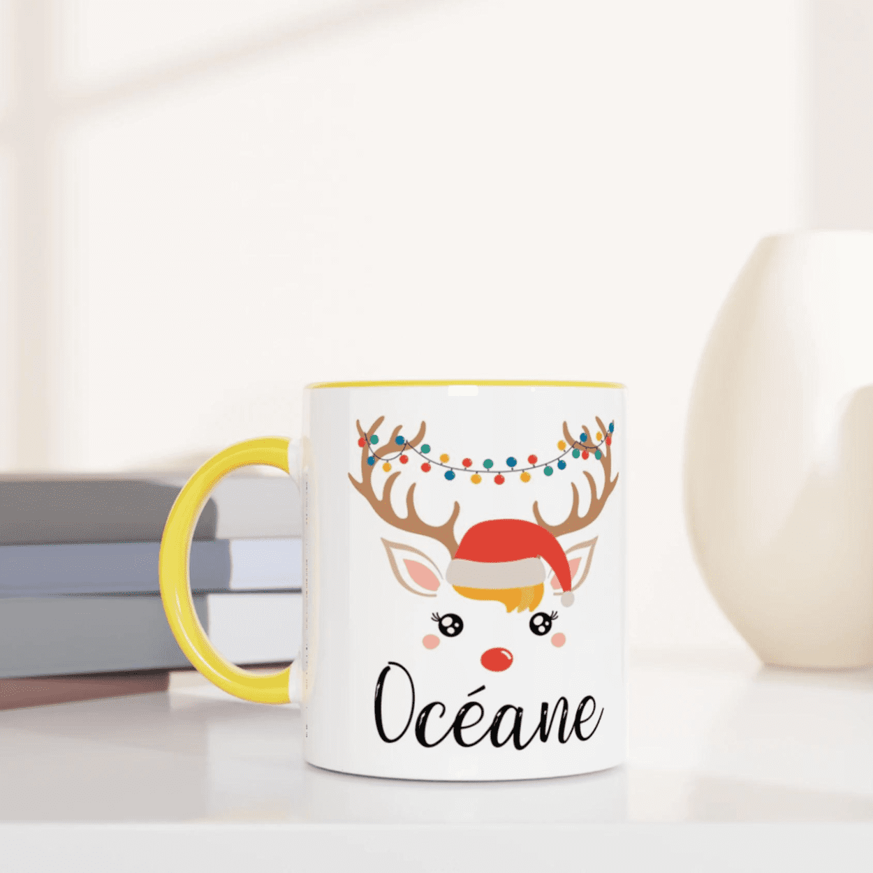 Mug de Noël Renne Lumineux avec Prénom – Cadeau Personnalisé Festif