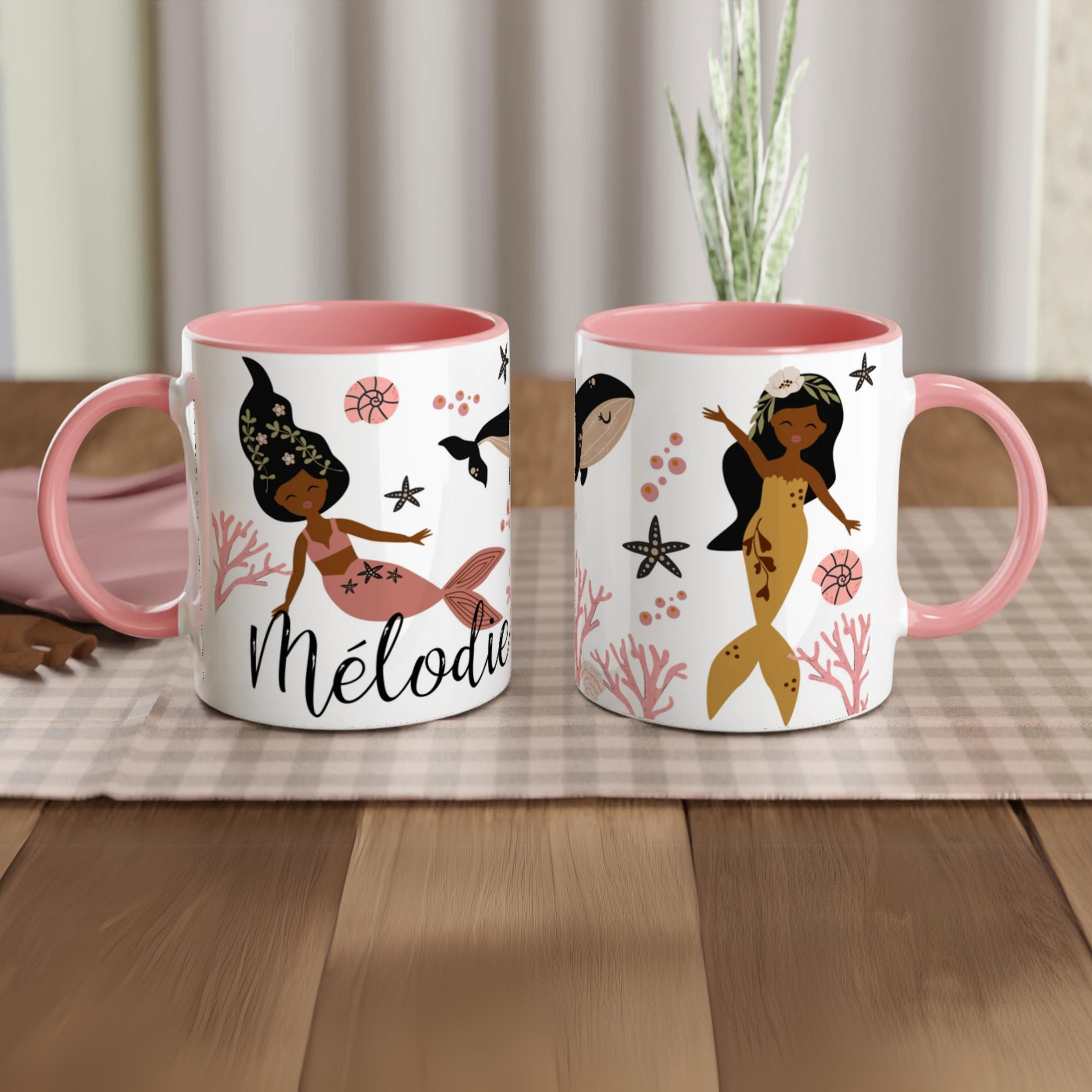 Mug personnalisé sirène - Modèle Mélo en rose pastel et noir