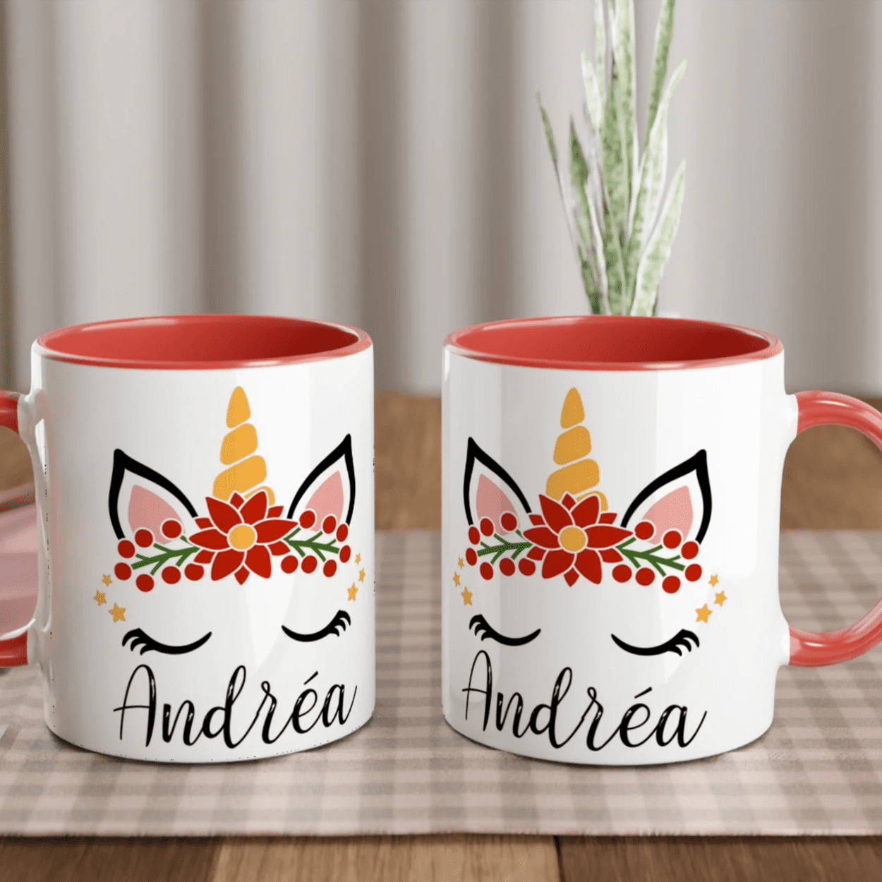 Mug licorne floral de Noël personnalisé avec prénom