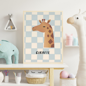 Affiches Têtes Animal pour Chambre d'enfant - Fond Damier Pastel