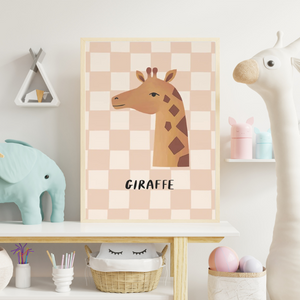 Affiches Têtes Animal pour Chambre d'enfant - Fond Damier Pastel