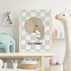 Affiches Têtes Animal pour Chambre d'enfant - Fond Damier Pastel