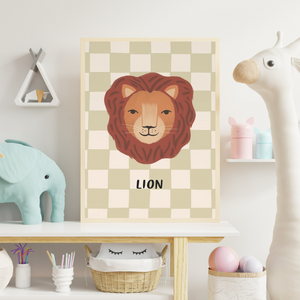 Affiches Têtes Animal pour Chambre d'enfant - Fond Damier Pastel