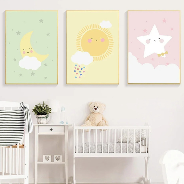 Affiches Déco Bébé - Lune, Soleil et Étoile Souriante 🌙☀️⭐