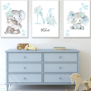 Affiche éléphants pastel personnalisée – Déco chambre garçon