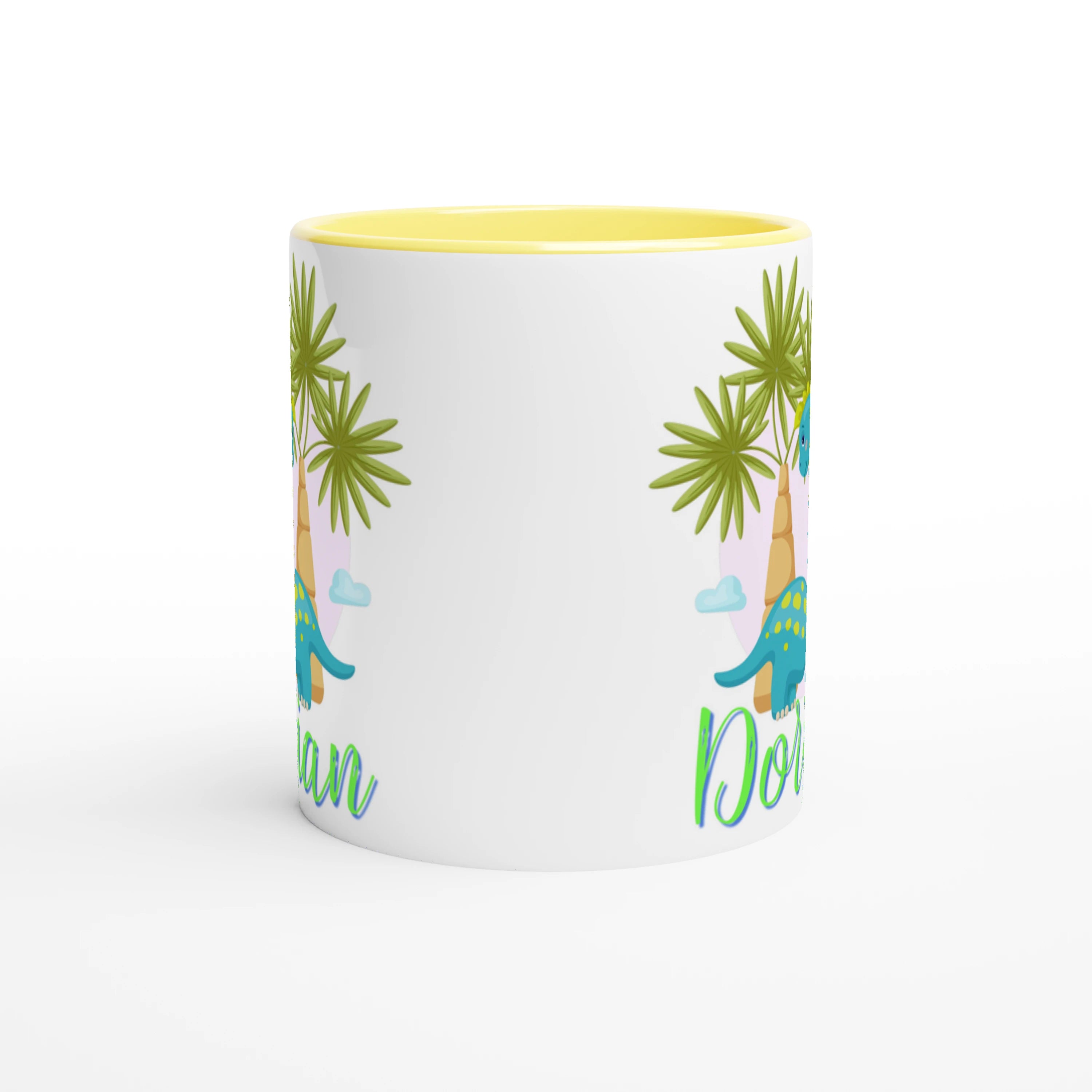 Tasse personnalisée avec dinosaure bleu, intérieur jaune, parfait comme cadeau original pour enfant.