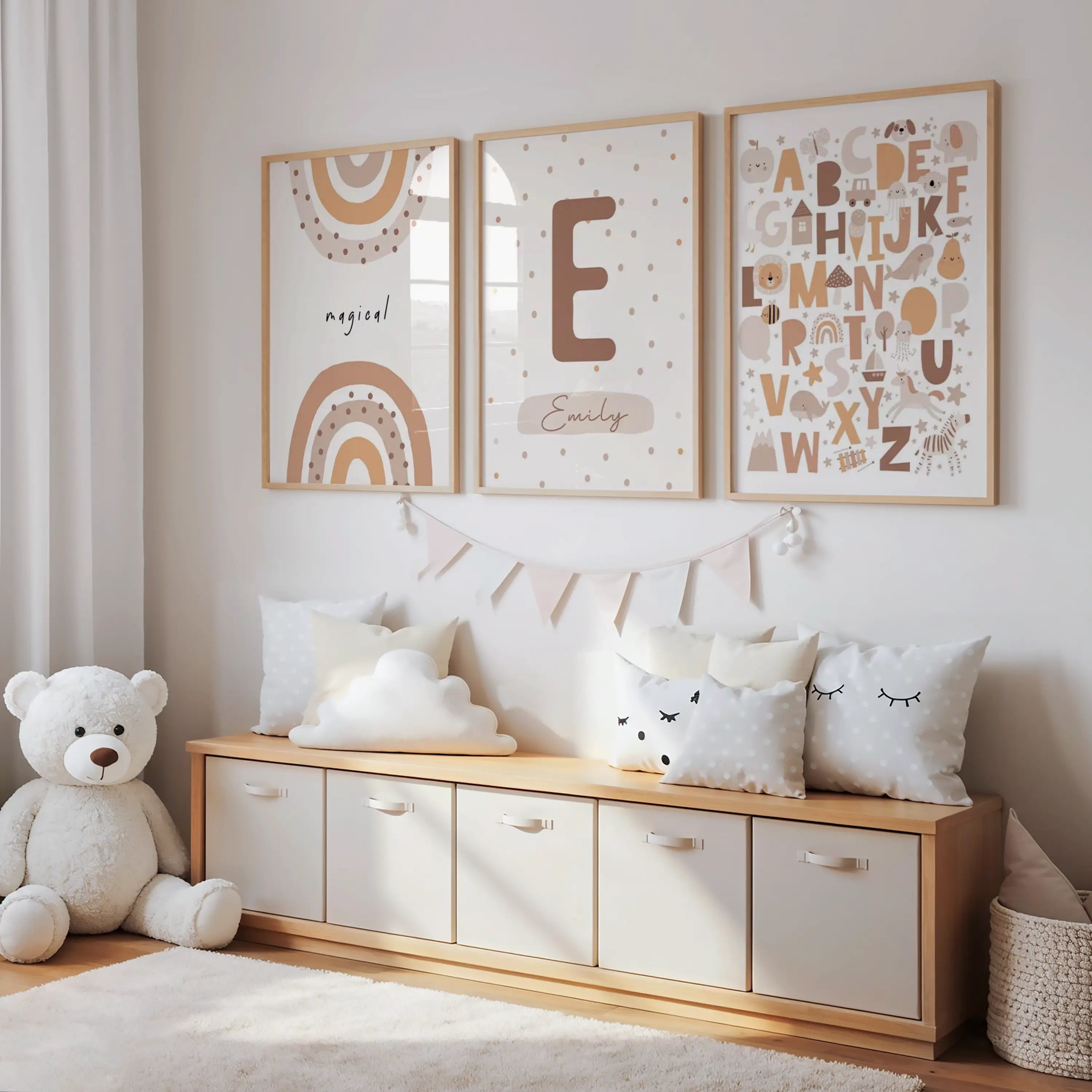 Affiche alphabet éducatif illustré style bohème pour chambre bébé ou enfant, décoration murale pédagogique aux tons terracotta