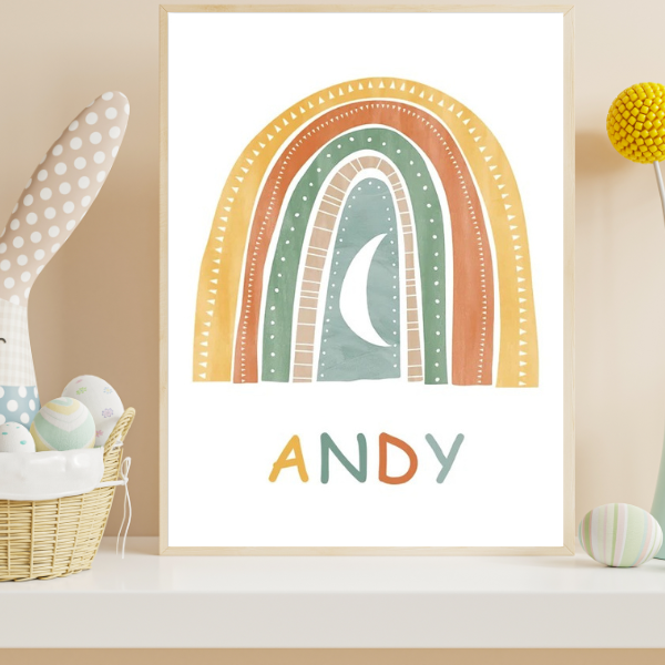 Affiche murale enfant représentant un arc-en-ciel bohème aux couleurs naturelles avec lune, idéale pour une décoration douce et chaleureuse de chambre de bébé.