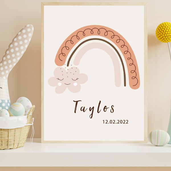 Affiche murale de naissance représentant un arc-en-ciel bohème aux couleurs douces, idéale pour décorer une chambre de bébé avec une touche poétique et chaleureuse.