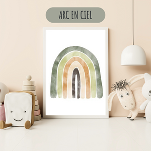 Affiche arc-en-ciel aquarelle aux tons naturels pour décoration murale de chambre bébé